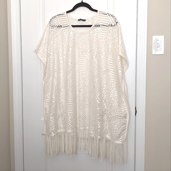 Cream Tasseled Poncho Cover up - Picture 1 of 8